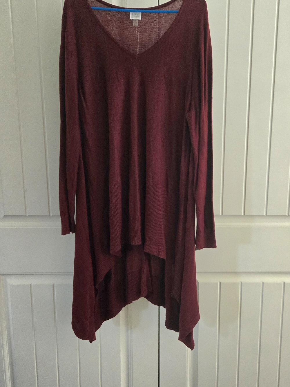 Burgundy Asymmetrical Hanky Hem Long Sleeve Tunic Swing Dress